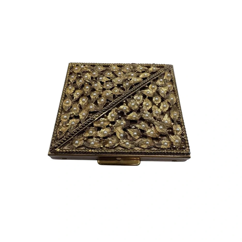 Vintage Gold Tone Pearl Compact Mirror Powder Case Ornate‎ Vanity Accessory